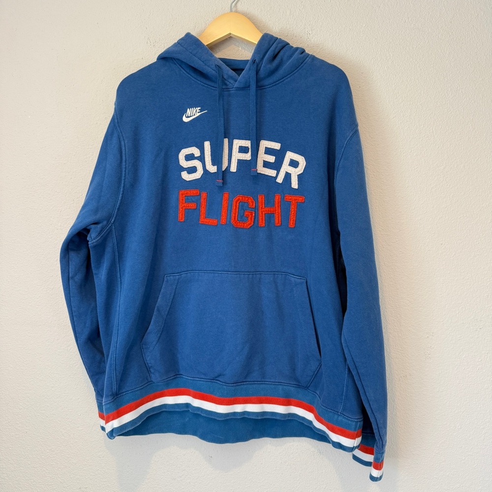 Nike Super Flight Blue Hoodie XL Mens Chenille Patch Stars Striped Trim Fleece